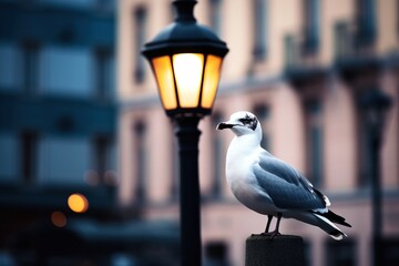 A seagull perched on a street lamp in a city settin