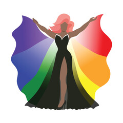 Vector illustration of drag queen or transgender in elegant black evening gown holding rainbow cape on white background for LGBTQ+ concept