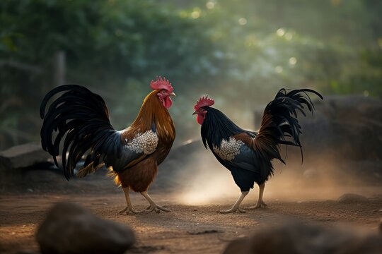 Two Roosters Next To Each Other On The Ground Background, Cockfighting  Picture, Chicken, Farm Background Image And Wallpaper for Free Download