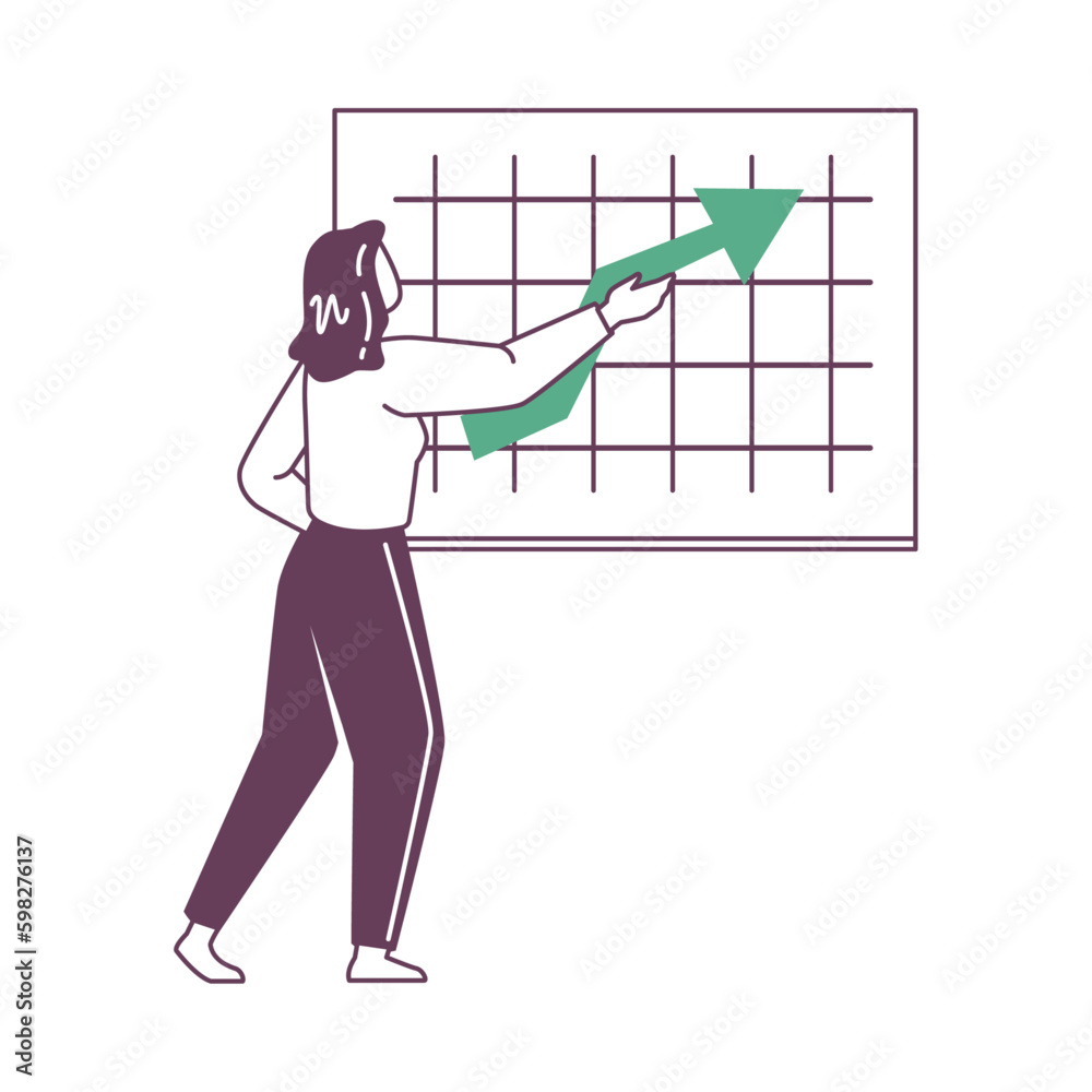 Poster presentation of business concept or startup idea, worker and board with growing arrow. woman showing