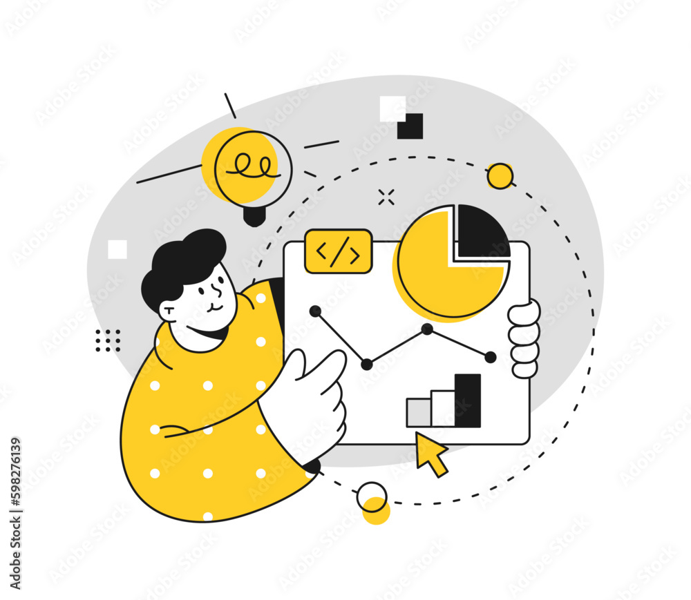 Poster Business analytics and development strategy and planning. Board with schemes and charts, diagram and innovative ideas. Vector man and graphs in flat cartoon illustration