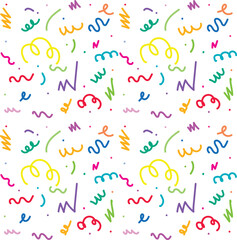 Fun colorful line doodle seamless pattern. Creative minimalist style art background for children or trendy design with basic shapes. Simple childish scribble backdrop. Fun colorful line doodle shape