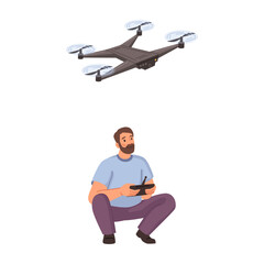 Drone controlled by man, isolated unmanned aerial vehicle with camera collecting data. Aircraft for playing, uav with controller. Vector in flat cartoon illustration