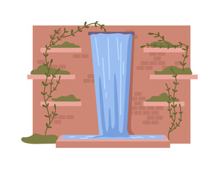 Waterfall with tropical crawling flowers, fountain with stream of water and brick wall. Pool or reservoir, decor for park. Vector in flat cartoon illustration