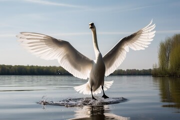 Obraz premium A swan spreading its wings in flight over a lak
