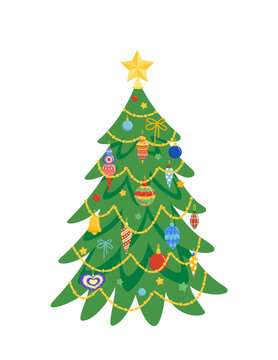 Christmas fir tree with ornaments, decorations and toys. Christmas tree. Flat, cartoon, vector Generative AI