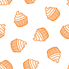 Seamless pattern with orange outline cupcakes