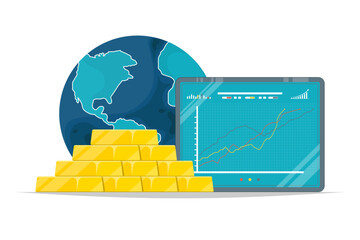 Global gold trading market concept, Tablet with gold bar, world on isolated background, Digital marketing illustration.