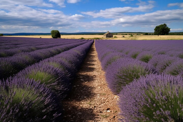 Fototapeta na wymiar A panoramic view of a sprawling lavender field, with a quaint French farmhouse in the distance. Ai generated.