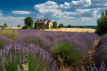 A panoramic view of a sprawling lavender field, with a quaint French farmhouse in the distance. Ai generated.