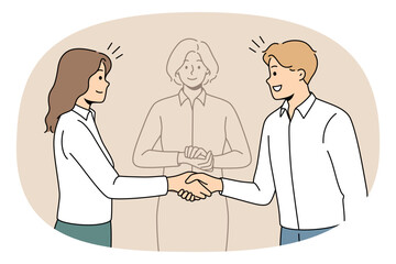 Business partners shake hands find solution with help of mediator. Happy employees or colleagues come to agreement resolve problem with impartial arbitration. Vector illustration. Generative AI - obrazy, fototapety, plakaty
