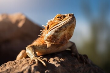Obraz premium A bearded dragon on a rock in the su
