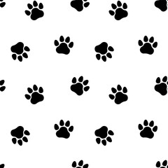 Fototapeta premium Black footprints on seamless pattern. Cat, dog, pet, animal paw print. Vector Generative AI