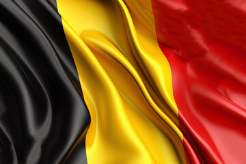 Black, Yellow and Red background, waving the national flag of Belgium, waved a highly detailed close-up. Created with Generative AI Technology