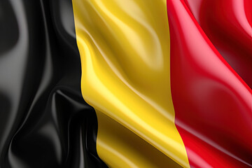 Black, Yellow and Red background, waving the national flag of Belgium, waved a highly detailed close-up. Created with Generative AI Technology