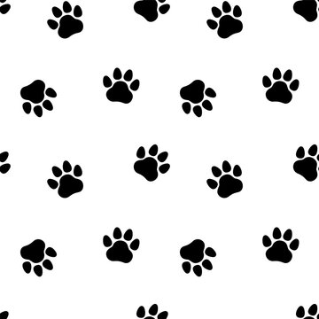 Black footprints on seamless pattern. Cat, dog, pet, animal paw print. Vector Generative AI