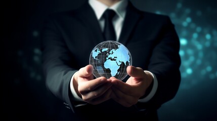 icon internet world in the hands of a businessman network technology and communication, businessman holding a globe in their hands, hand holding a globe with map, hand holding earth, Generative AI