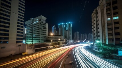 Fototapeta na wymiar light trails above buildings, traffic at night, city at night, traffic in the city, Generative AI