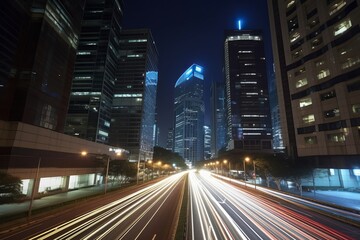 Fototapeta na wymiar light trails above buildings, traffic at night, city at night, traffic in the city, Generative AI