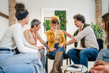 Support Group with Therapists and Woman cry in Focus solving problem