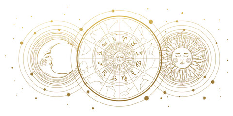 Zodiac wheel with 12 signs and constellations, horoscope vintage banner with golden sun and moon isolated on white, astrology background. Hand drawn vector illustration. - obrazy, fototapety, plakaty