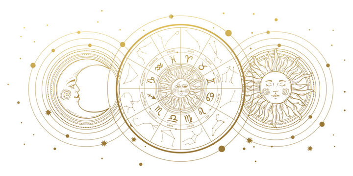 Zodiac wheel with 12 signs and constellations, horoscope vintage banner with golden sun and moon isolated on white, astrology background. Hand drawn vector illustration.