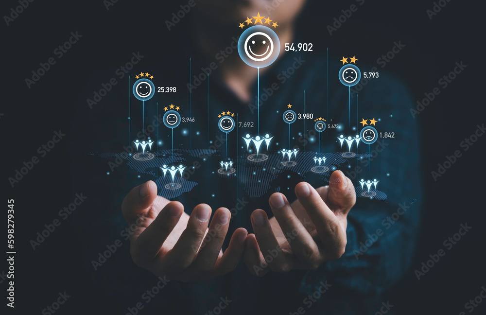 Poster Businessman holding virtual human icon with client evaluation rating status on world map for customer evaluation after use product and service concept.
