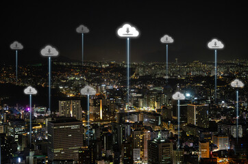 Cloud computing icon on cityscape for upload download and sharing transfer data information , Technology transformation concept.