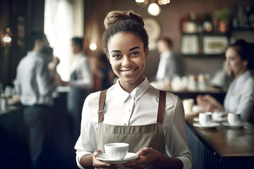 Nice and smiling waitress while working in a café. AI generativ.