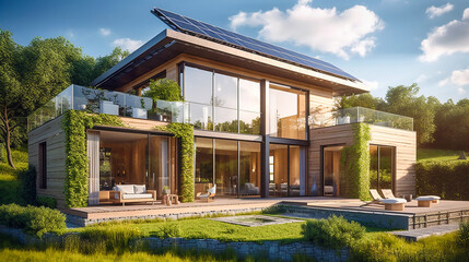 Modern eco-friendly single-family homes with  photovoltaic cells.  AI generativ. - obrazy, fototapety, plakaty
