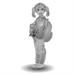 Girl with a binoculars (doorbeen) Vector illustration in sketch style on white background 