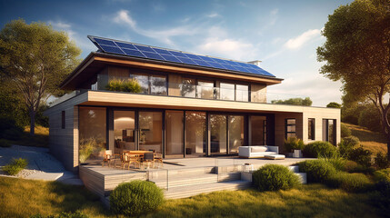 Fototapeta na wymiar Modern eco-friendly single-family homes with photovoltaic cells. AI generativ.
