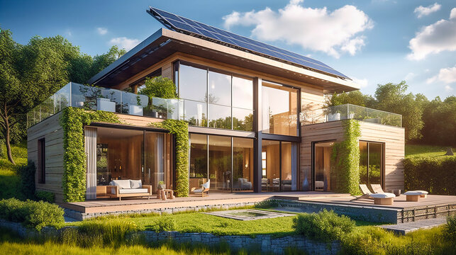 Modern eco-friendly single-family homes with  photovoltaic cells.  AI generativ.
