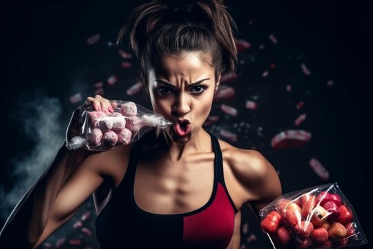 Fit woman eating candy. Generate Ai