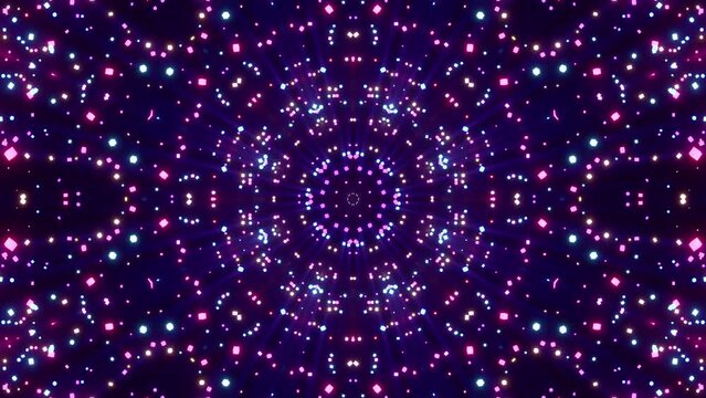 Abstract kaleidoscope of magical glowing sparks. An animated glowing mandala made of particles.