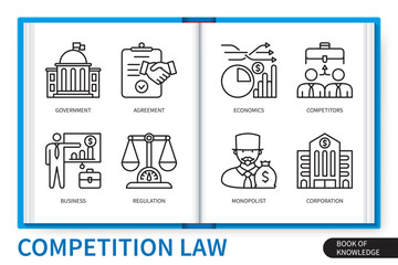 Competition law infographics linear icons collection