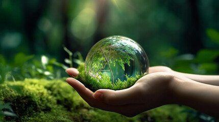 Hands Holding Globe Glass In Green Forest with warm sunlight - Environment Concept, Sustainability, World Day and World Climate Change, ai generated, human enhanced