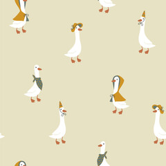 Obraz premium Geese seamless pattern. Cute cartoon characters in funny clothes, hat, raincoat in simple hand drawn style. The limited vintage palette is perfect for baby prints. Goose nursery vector.