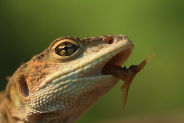 Fototapeta premium A close-up of a lizard's tongue catching a fl