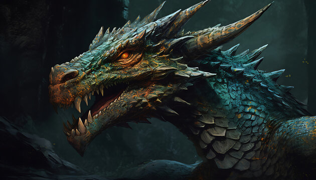 A fierce and powerful dragon head with bold and vibrant color scale, generative ai