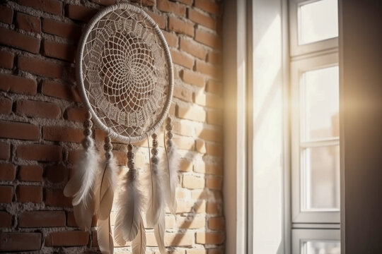 Dreamcatcher on the wall, decoration in the room. Super photo realistic background. Generative ai illustration