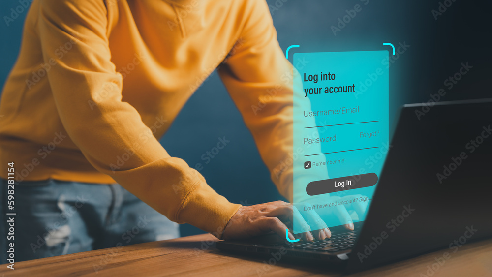 Poster Young man typing his user and password on a computer laptop. Cyber security concept to protect personal data. Secure encryption and access to the user's private information to access the internet.