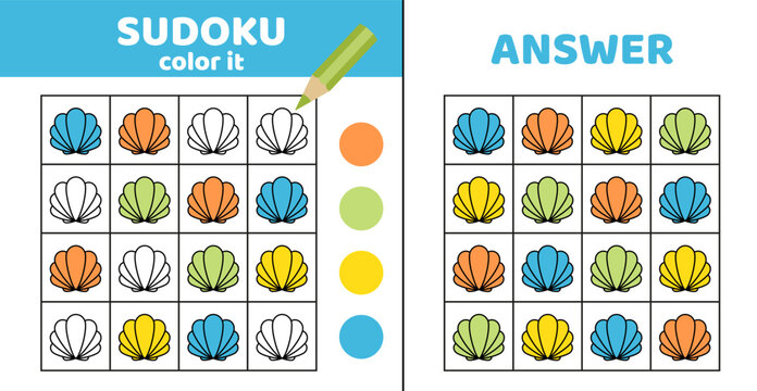 Sudoku. Seashell. Coloring sudoku with seashell Cartoon Generative AI