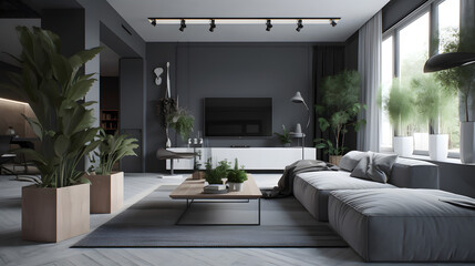 Fototapeta na wymiar one room house design, modern, hd, grey and white colors, plants, technology