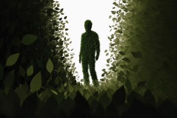 Sustainability and environmental Concept, nature, ecological activism and green economy on the rise, silhouette of man running made of green leaves leaving a trail of leaves behind him, generative AI