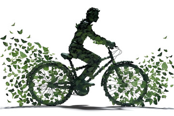Fototapeta na wymiar Sustainability and environmental Concept, nature, ecological activism and green economy on the rise, silhouette of woman riding a bike made of green leaves leaving a trail of leaves, generative ai