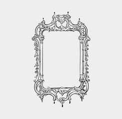 Hand drawn vector abstract outline,graphic,line art vintage baroque ornament floral frame in minimalistic modern style.Baroque floral vintage outline design concept.Vector antique frame isolated.