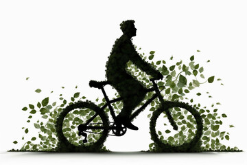 Obraz na płótnie Canvas Sustainability and environmental Concept, nature, ecological activism and green economy on the rise, silhouette of man riding a bike made of green leaves leaving a trail of leaves, generative ai