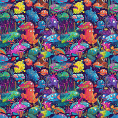 Seamless background of deep sea monsters and fish. AI generated