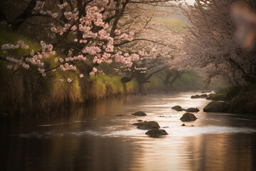 Fototapeta premium Butterply, cherryblossom, blurred river. AI generative